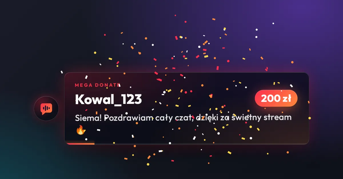 Alert dla większego donejta z napisem MEGA DONATE i konfetti