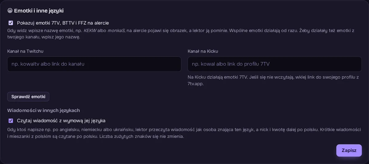 Karta Emotki i inne języki: emotki 7TV, BTTV i FFZ, pola kanału na Twitchu i Kicku oraz czytanie z wymową języka wiadomości