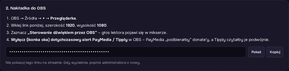 Karta Nakładka do OBS w panelu: kroki dodania źródła Przeglądarka i ukryty link nakładki