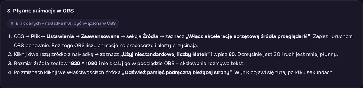 Karta Płynne animacje w OBS: liczba klatek na sekundę i stan akceleracji sprzętowej