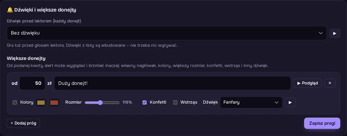 Karta Dźwięki i większe donejty: dźwięk przed lektorem i próg od 50 zł z nagłówkiem, konfetti i fanfarami