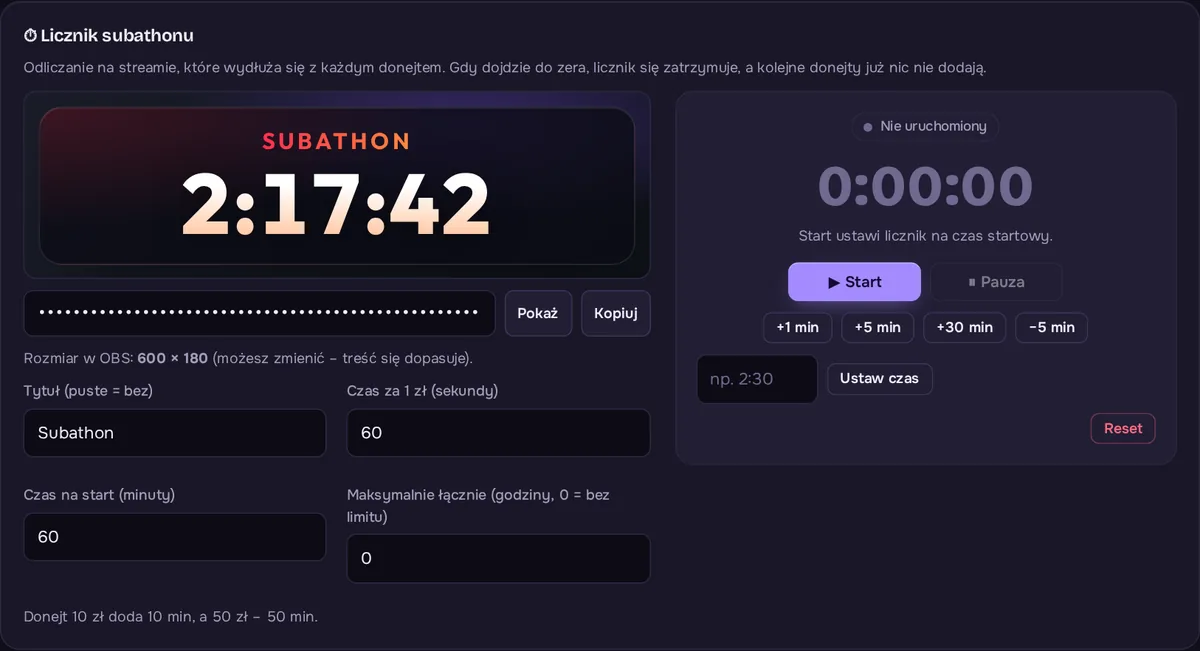 Karta Licznik subathonu w panelu: podgląd, czas za 1 zł, czas na start, limit godzin oraz przyciski Start, Pauza, +1 min, +5 min, +30 min