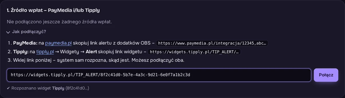 Panel Donejtucha: pole na link z PayMedia albo Tipply i rozpoznany widget Tipply